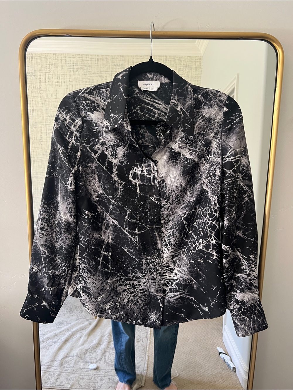 100% silk Alexander McQueen Black and White Abstract Print Button-Down Shirt
